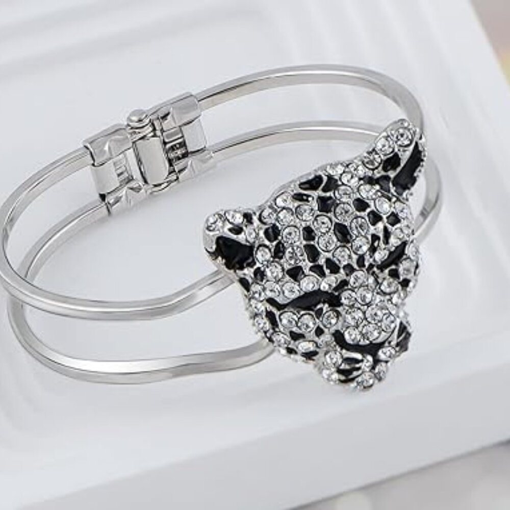 Neiman Marcus Rhinestone Black Enamel Jaguar Bangle Bracelet